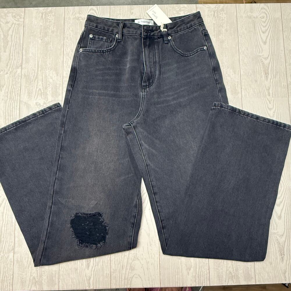 By Together Womens Black Washed Distressed Wide Leg Jeans NWT Ripped Denim